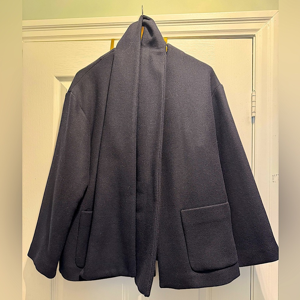 ZARA WOOL BLEND SCARF COAT In Navy - Picture 8 of 15